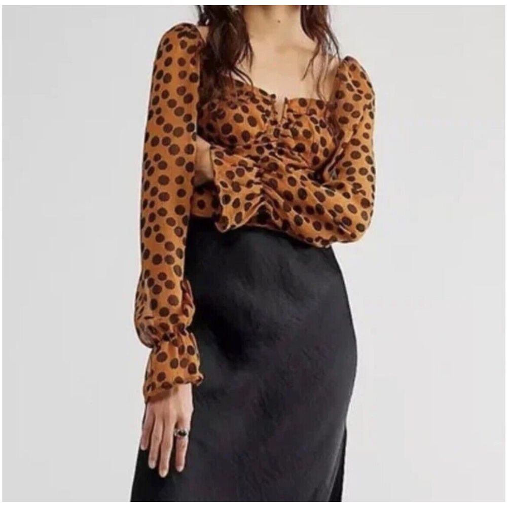 NWT‎ Free People Parker top brown leopard print crop long sleeve sheer size XS